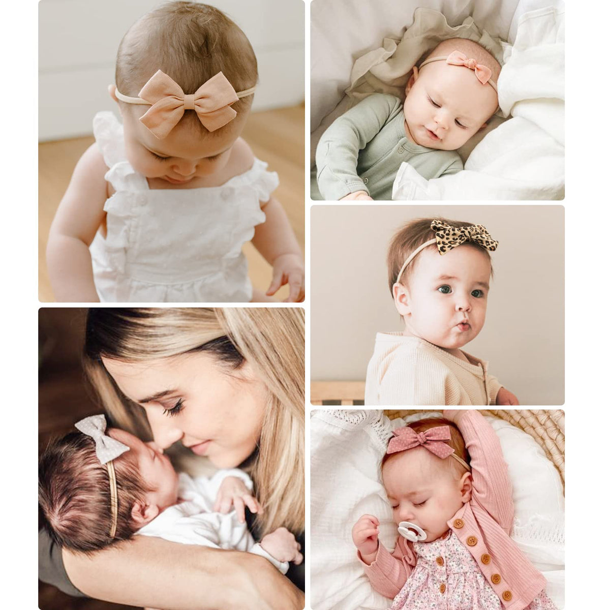 Five-panel collage of babies and a newborn wearing soft bow headbands in various styles: tan bow, pink bow, leopard print bow, gray bow, and dusty rose bow. One panel shows a woman cradling a sleeping newborn wearing a gray bow headband.