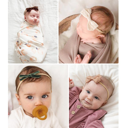 Four-panel collage of babies wearing nylon headbands: a swaddled newborn with a dark bow, a sleeping baby with a cream lace bow, a baby with a green velvet bow and pacifier, and a smiling baby in a mauve outfit with a tan bow.