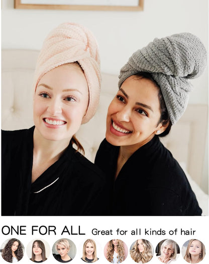 Two women wearing microfiber hair towel wraps — one in light pink, one in gray — both smiling and dressed in black robes. Below, text reads 'ONE FOR ALL Great for all kinds of hair' with circular photos showing various hair types.
