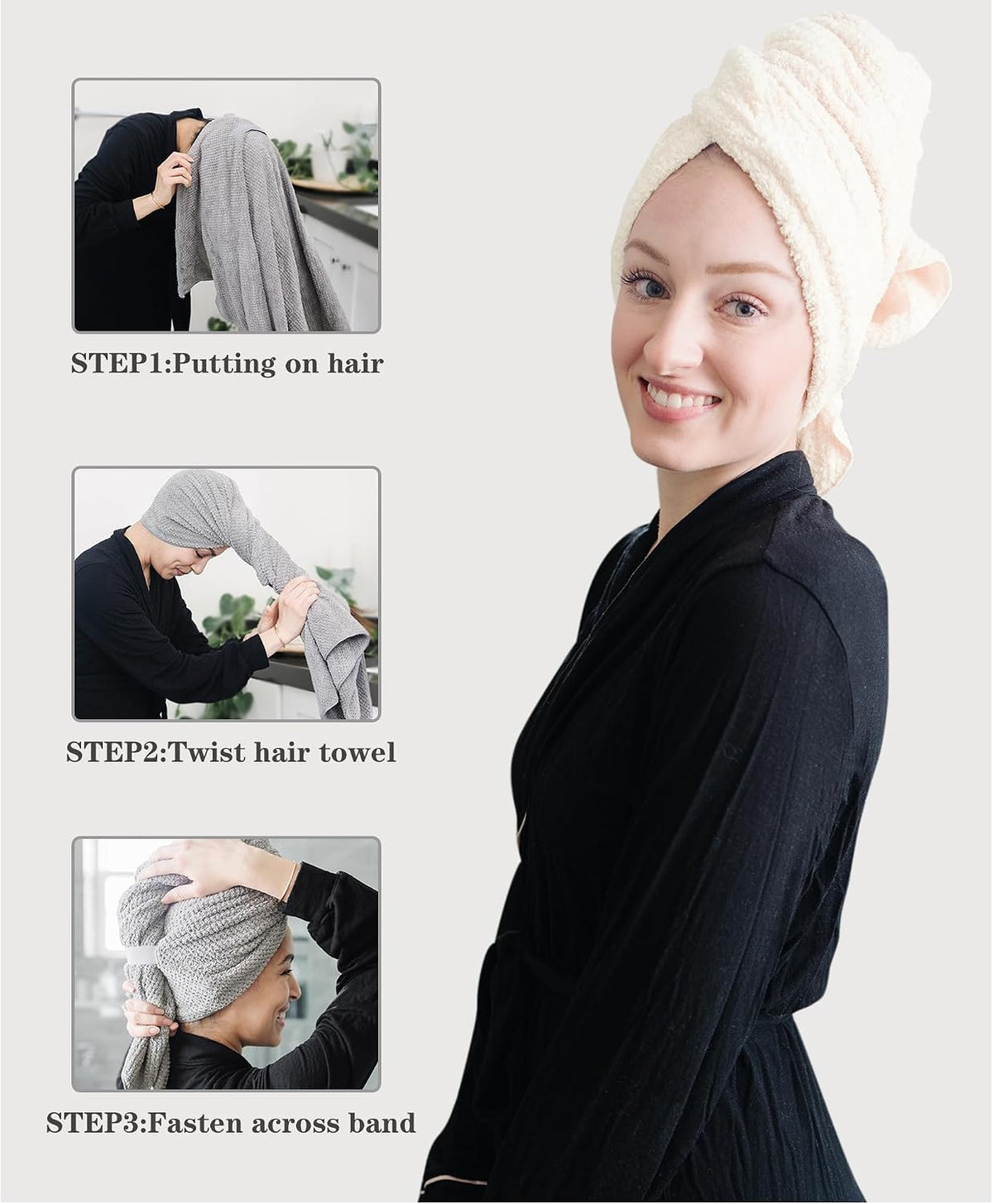 Instructional image showing a hair towel wrap in use. A woman wearing a cream-colored towel wrap poses on the right. Three step-by-step panels on the left show: Step 1: Putting on hair, Step 2: Twist hair towel, Step 3: Fasten across band.