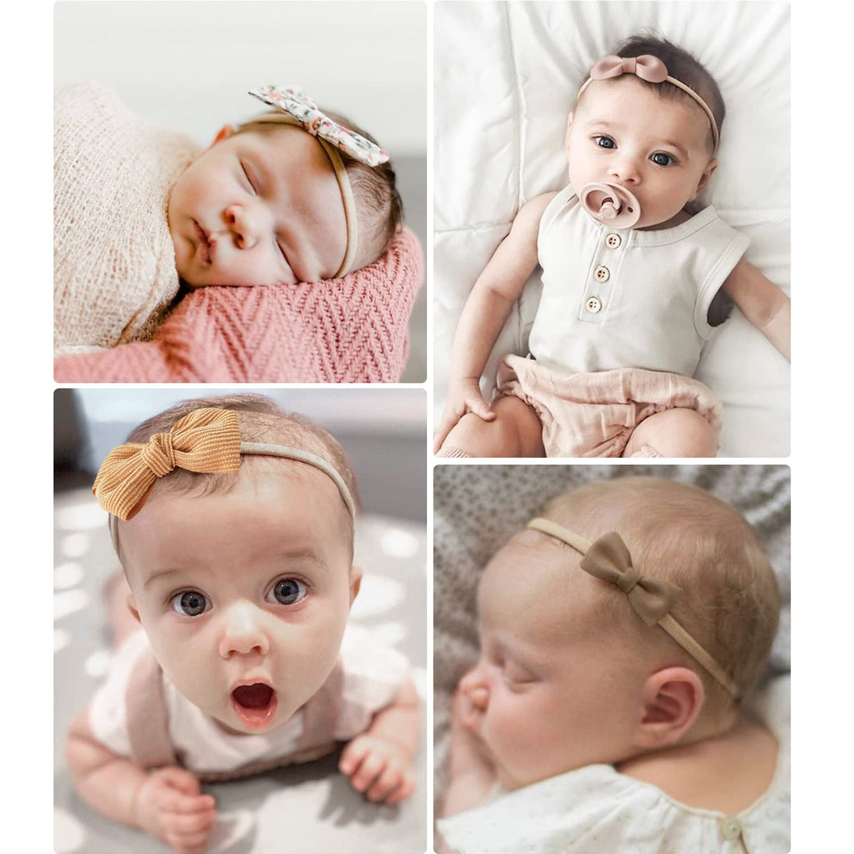 Four-panel collage of babies wearing soft nylon bow headbands. Top left: sleeping newborn with floral bow. Top right: infant with dusty pink bow and pacifier. Bottom left: baby with mustard corduroy bow. Bottom right: close-up of tan bow headband.