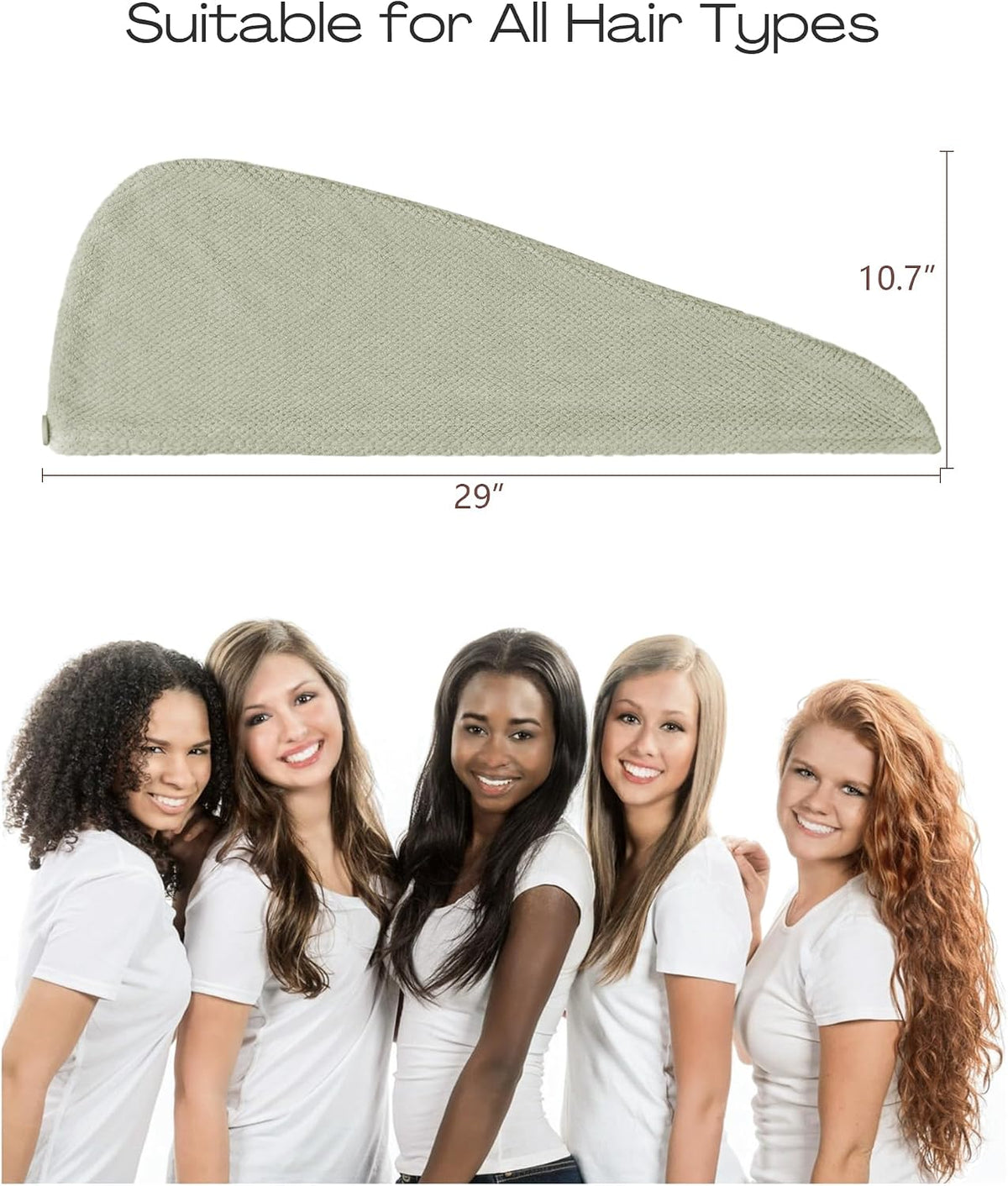 Light green textured hair wrap towel shown with dimensions 29 inches wide by 10.7 inches tall. Text reads 'Suitable for All Hair Types.' Below, five women with varying hair textures and colors model the product's versatility.