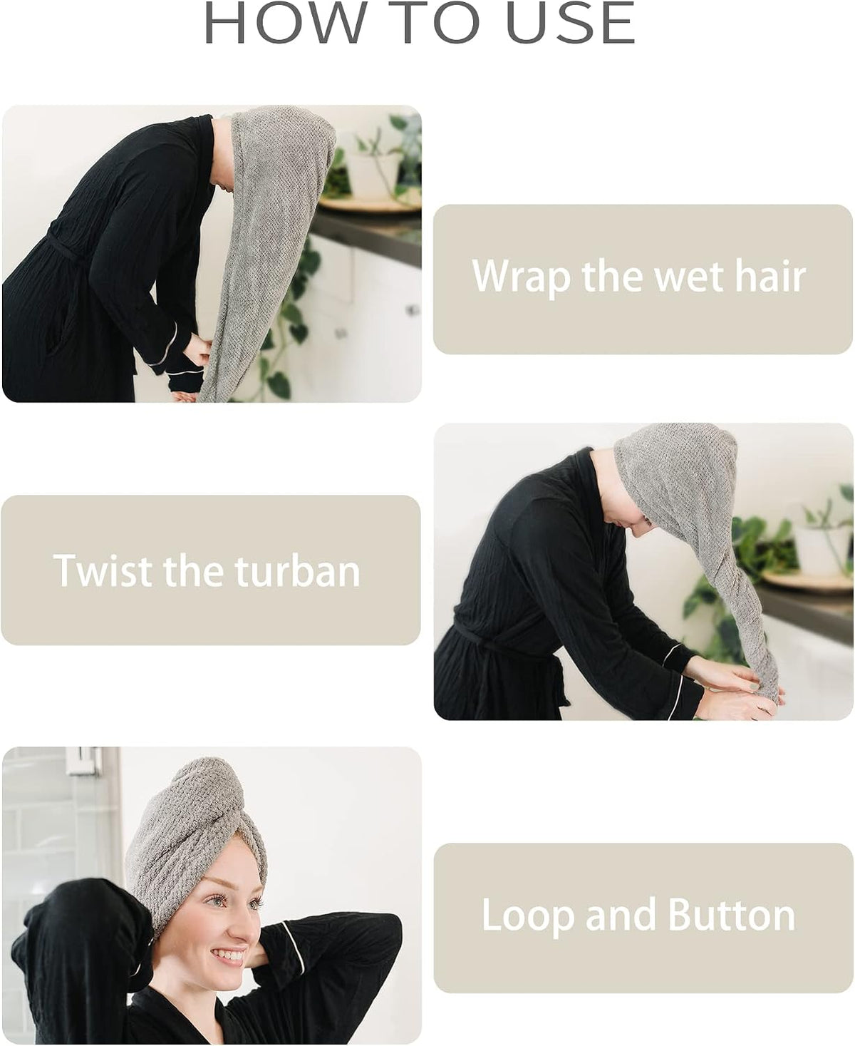 Instructional graphic titled 'HOW TO USE' showing three steps for a hair towel turban: wrapping wet hair, twisting the turban, and securing with loop and button. Person wears black outfit throughout.