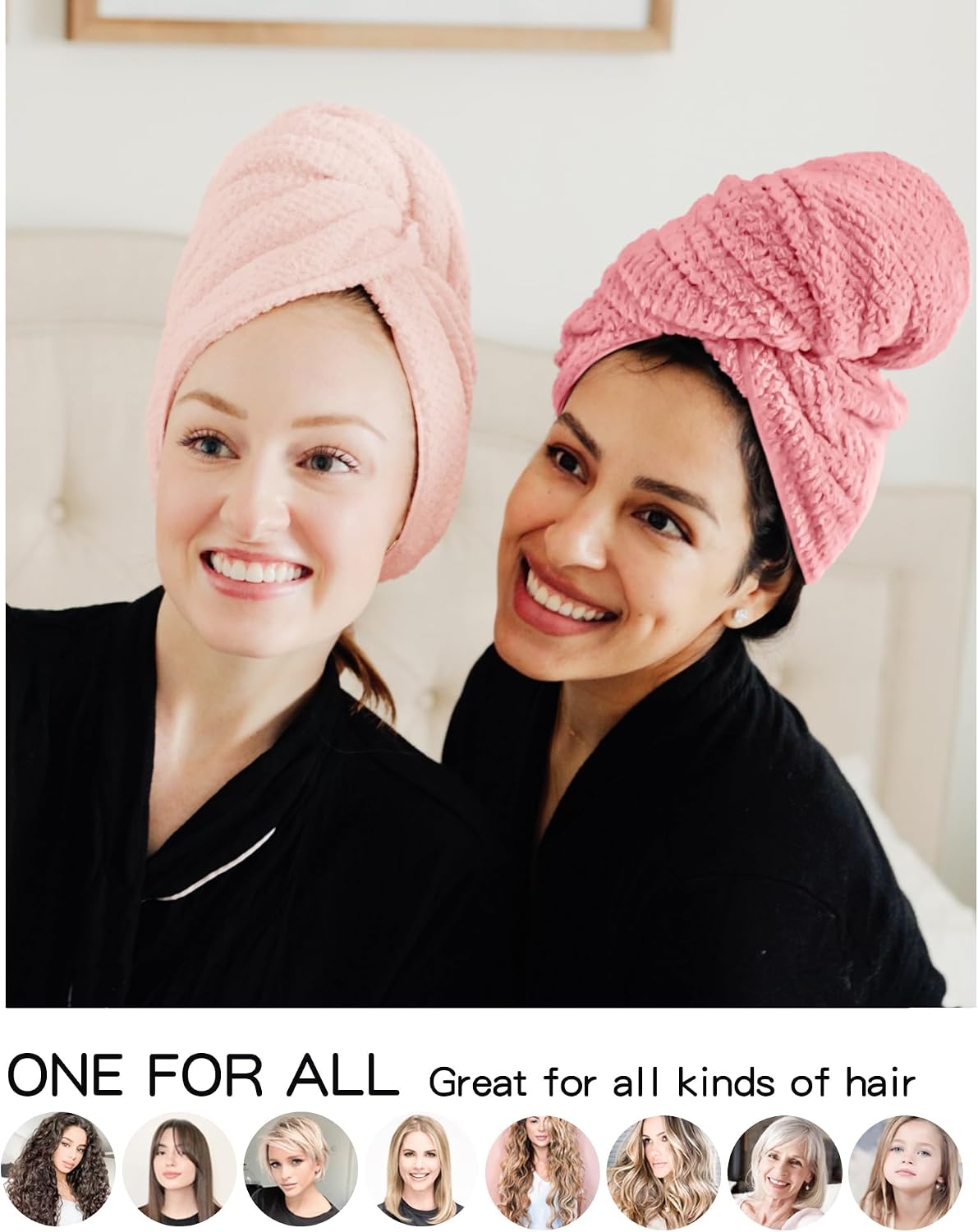 Two women wearing textured hair towel wraps: one in light pink, one in deeper coral pink, both smiling in black robes. Below, text reads 'ONE FOR ALL - Great for all kinds of hair' with circular photos showing diverse hair types.