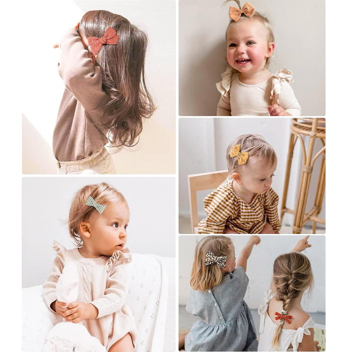 Collage of five lifestyle photos showing small bow hair clips worn by babies and toddlers. Bows appear in rust red glitter, tan, green gingham, yellow, and leopard print, clipped into fine hair or braids.