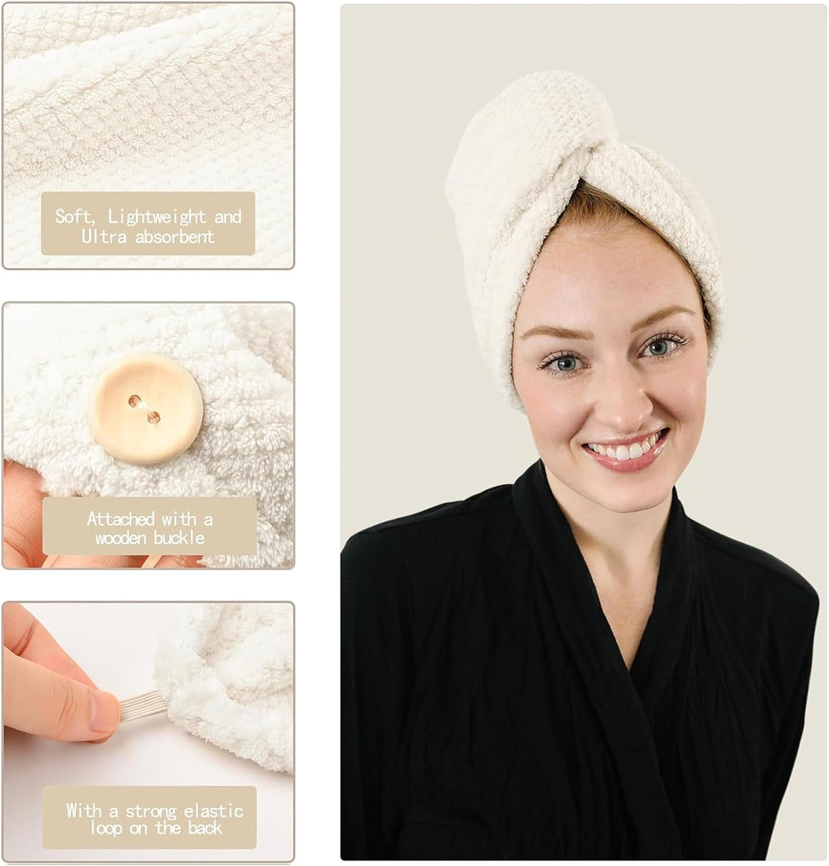 Cream-colored hair towel wrap shown in three detail close-ups on the left: waffle texture, wooden button closure, and elastic loop. Right panel shows a smiling woman wearing the towel wrapped on her head, dressed in a black robe.