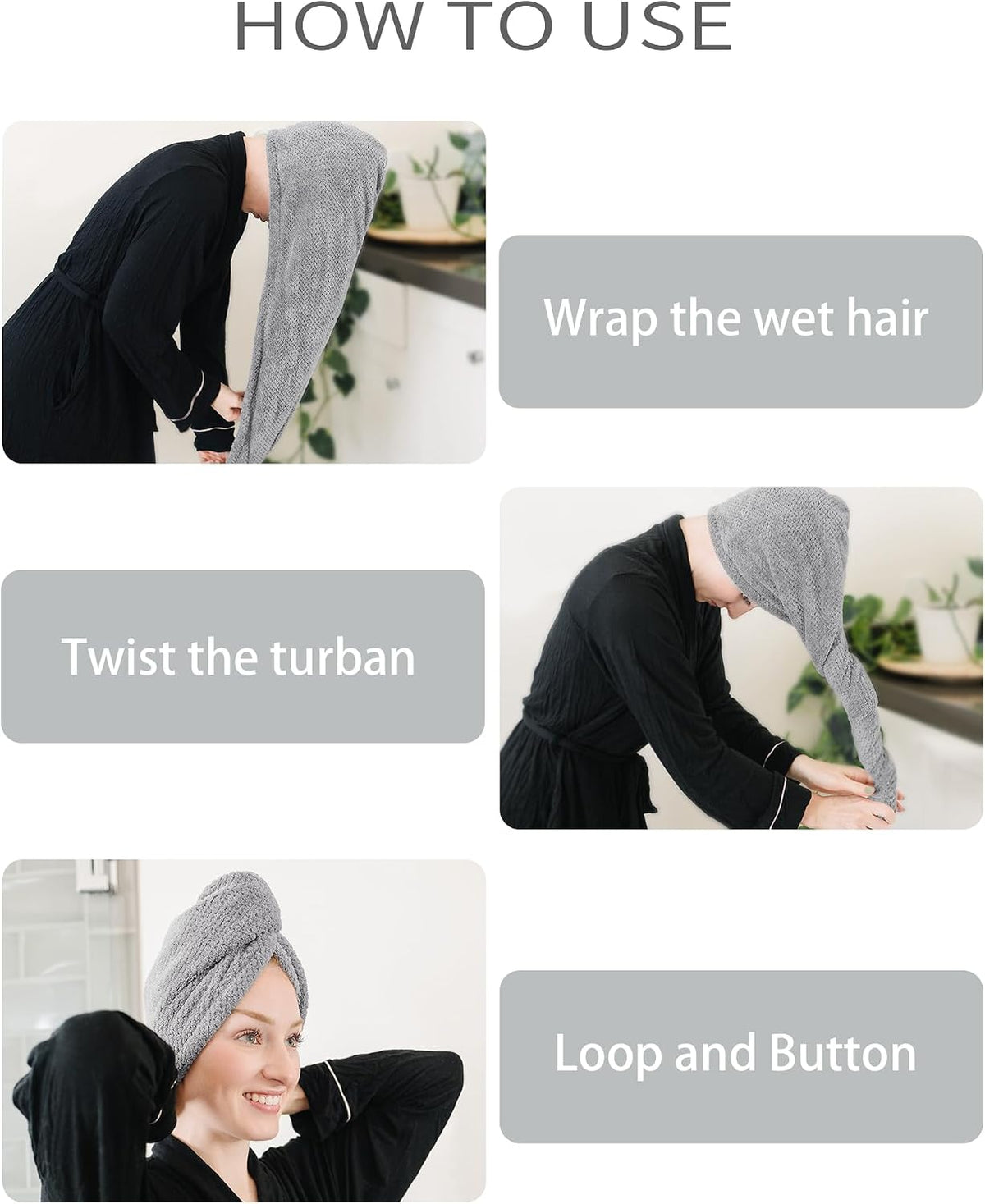 Instructional graphic titled 'HOW TO USE' showing three steps for a hair towel turban: wrapping wet hair, twisting the turban, then securing with loop and button. Person wears black robe throughout.
