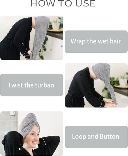 Instructional graphic titled 'HOW TO USE' showing three steps for a hair towel turban: wrapping wet hair, twisting the turban, then securing with loop and button. Person wears black robe throughout.