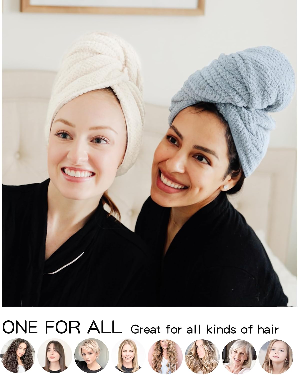 Two women wearing hair towel turbans, one cream-colored and one light blue, both smiling in black robes. Below, text reads 'ONE FOR ALL - Great for all kinds of hair' with circular photos showing various hair types.