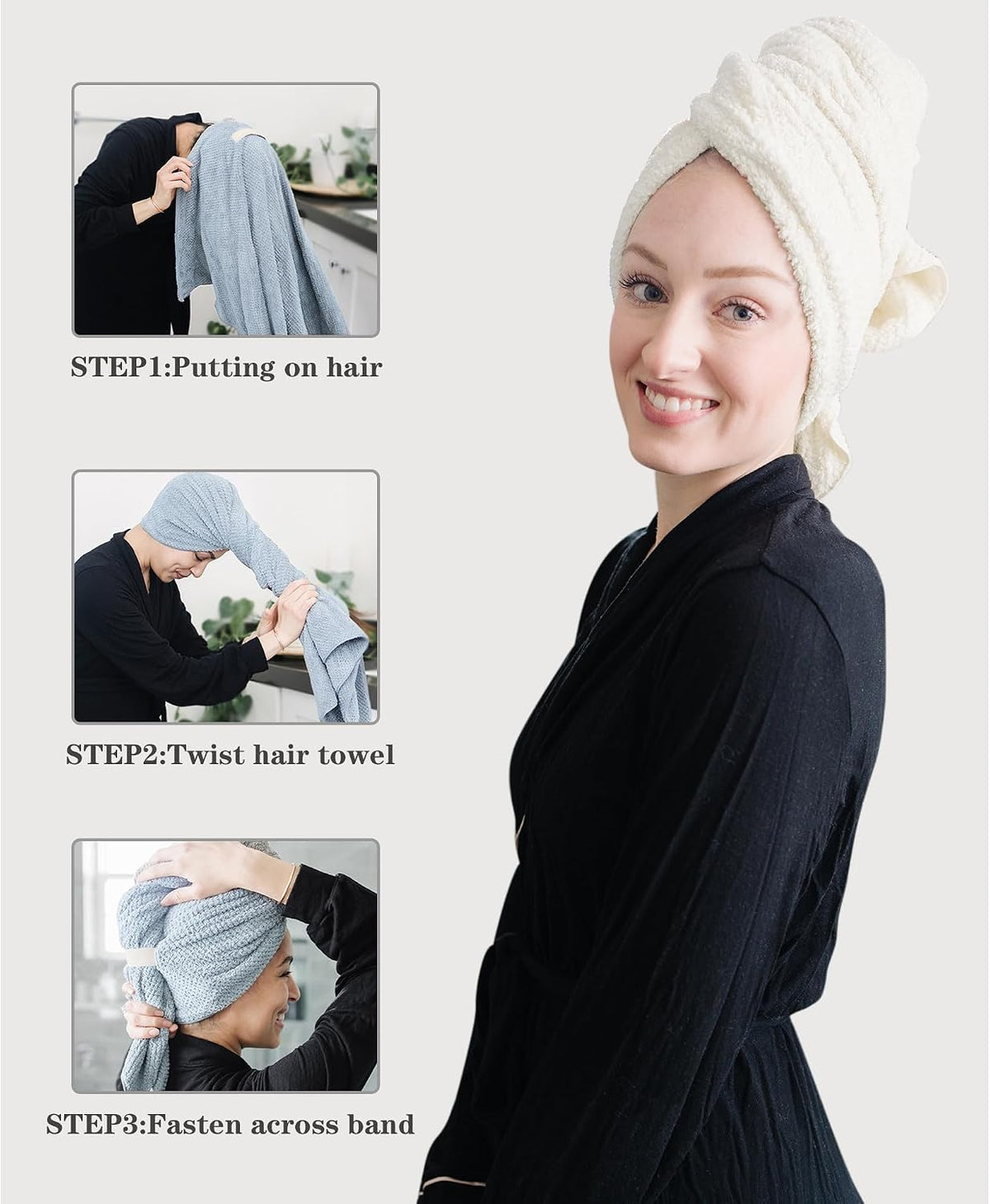 Instructional image showing how to use a hair towel turban. A woman on the right wears a cream-colored towel wrapped on her head. Three step panels on the left show: putting on hair, twisting the towel, and fastening the band.