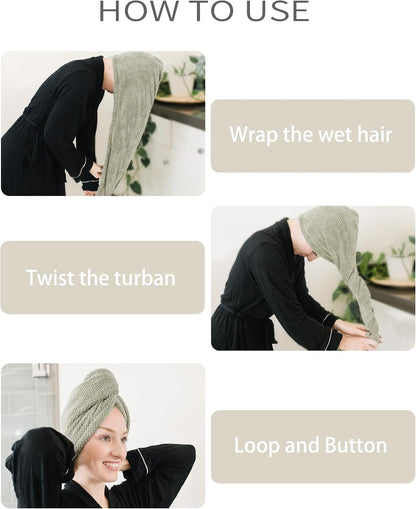 How-to-use infographic for a hair towel turban showing 3 steps: wrapping wet hair, twisting the turban, and securing with loop and button. A woman in black demonstrates each step with a sage green textured towel.