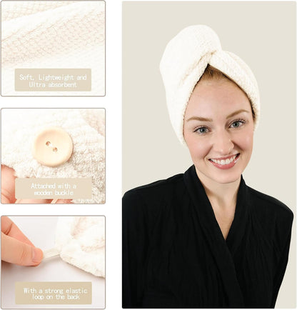 Cream-colored hair towel wrap shown on a smiling woman wearing a black robe, with three detail close-ups: waffle texture labeled 'Soft, Lightweight and Ultra absorbent,' a wooden button closure, and an elastic loop on the back.