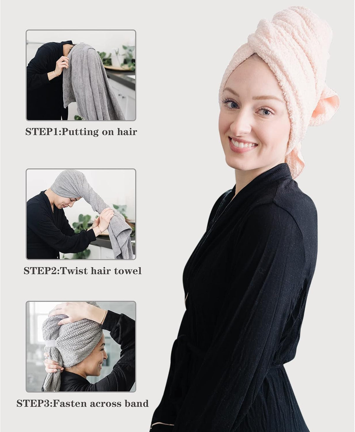 Instructional image showing a hair towel wrap in use. A woman wearing a light pink twisted hair turban is shown alongside 3 steps: putting on hair, twisting the towel, and fastening the cross band.