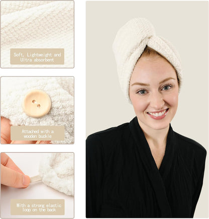 Cream microfibre hair towel wrap shown in three detail close-ups and worn as a turban by a smiling woman in a black robe. Labels highlight soft waffle texture, wooden button closure, and elastic loop on back.