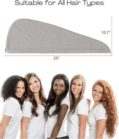 Gray microfiber hair towel wrap shown flat with dimensions 29 inches wide by 10.7 inches tall. Text reads 'Suitable for All Hair Types.' Below, five women with different hair textures and colors wear white shirts, demonstrating versatility.