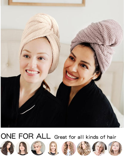 Two women wearing twisted hair towel wraps -- one in cream/clay and one in mauve -- both smiling in black robes. Text below reads 'ONE FOR ALL Great for all kinds of hair' with circular photos showing diverse hair types.