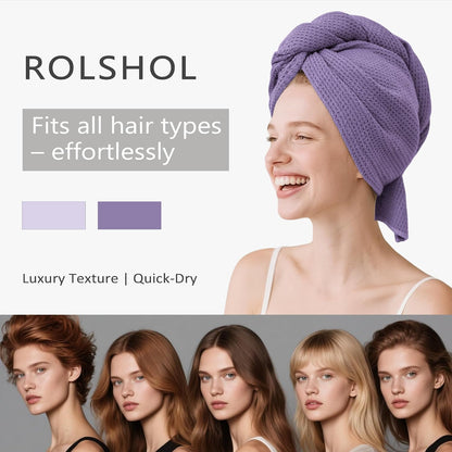 ROLSHOL hair towel wrap shown twisted on a smiling woman's head in medium purple waffle-weave fabric. Two color swatches show light purple and deep purple options. Bottom panel shows five women with different hair types. Text: 'Fits all hair types - effortlessly' and 'Luxury Texture | Quick-Dry'.