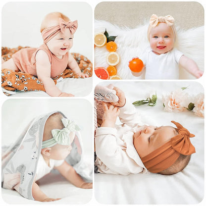 Four-panel collage of babies wearing soft bow headbands. Top left: smiling baby in pink romper wearing a blush bow band. Top right: baby in white onesie with peach bow, surrounded by citrus fruit. Bottom left: baby peeking under a floral blanket with mint bow. Bottom right: newborn in rust-orange bow headband lying on white surface.