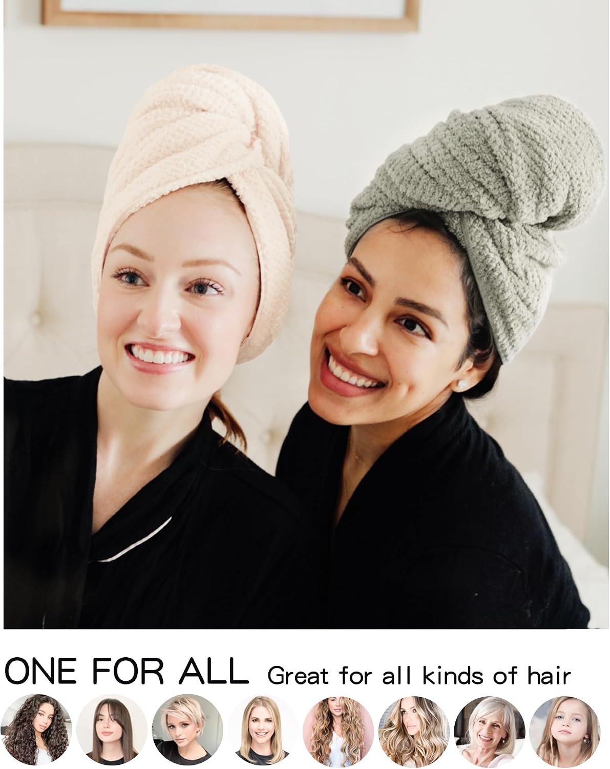Two women wearing hair towel wraps, one in light pink and one in sage green, both smiling. Below, text reads 'ONE FOR ALL - Great for all kinds of hair' with circular photos showing various hair types.