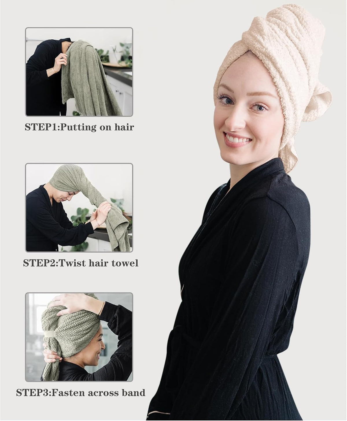 Instructional image showing a woman wearing a cream-colored hair towel turban, alongside three step-by-step panels: Step 1: Putting on hair, Step 2: Twist hair towel, Step 3: Fasten across band. Steps shown with a green towel.