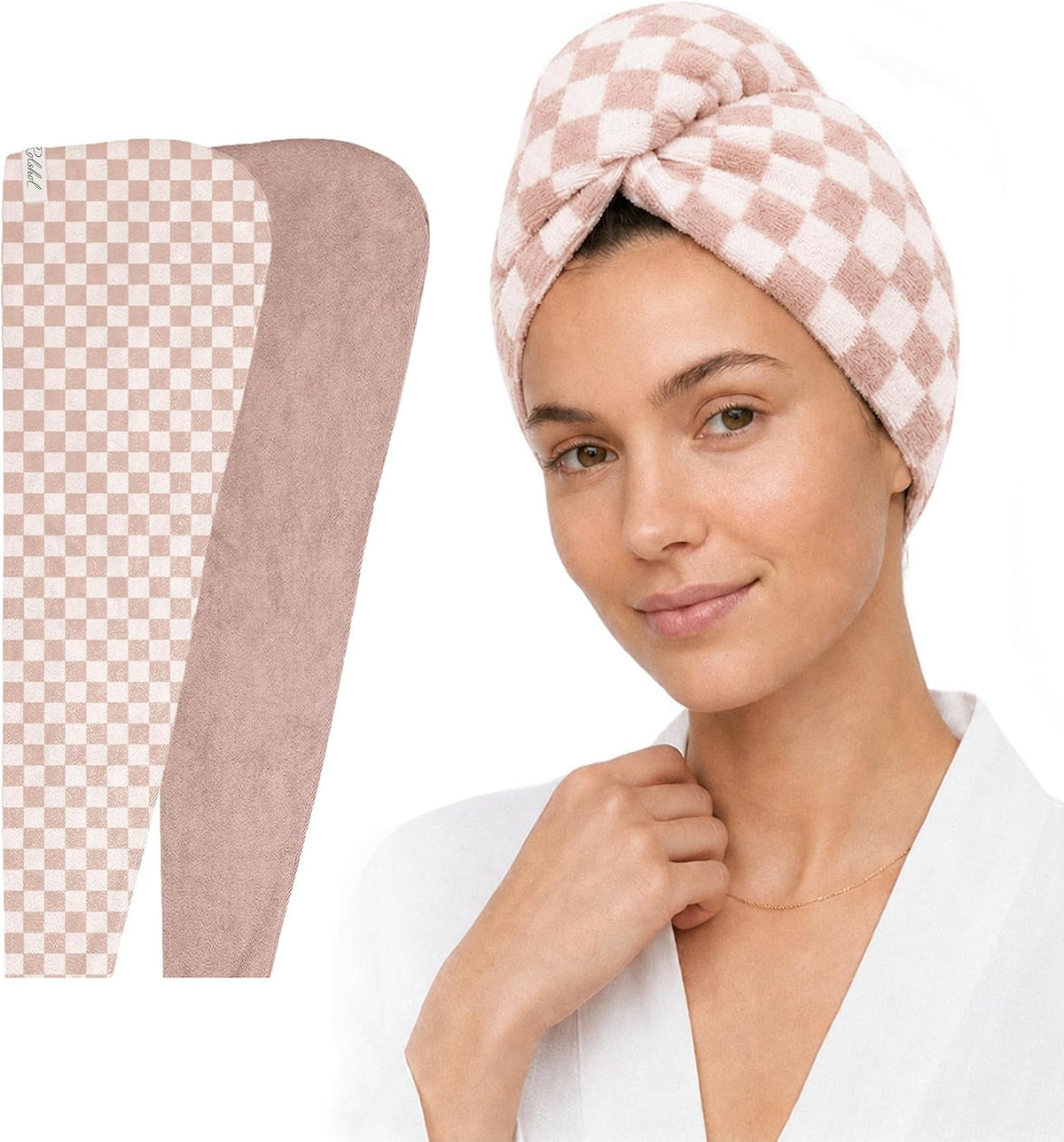 Two hair towel wraps in a dusty rose checkered pattern shown flat on the left, alongside a woman wearing one wrapped on her head as a turban, secured with a twisted knot at the top. She wears a white robe.
