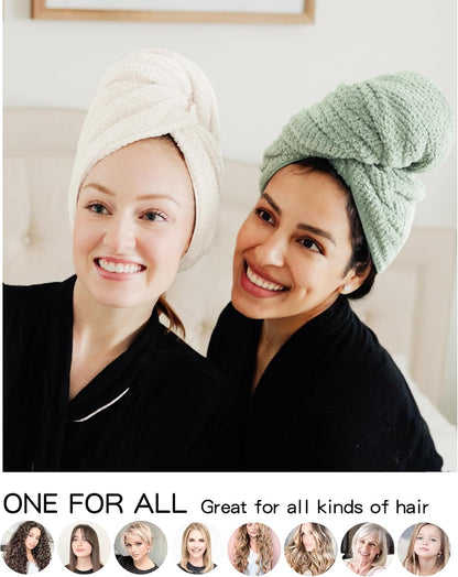 Two women wearing hair towel wraps, one in cream and one in sage green, both smiling in black robes. Below, text reads 'ONE FOR ALL - Great for all kinds of hair' with circular photos showing various hair types.