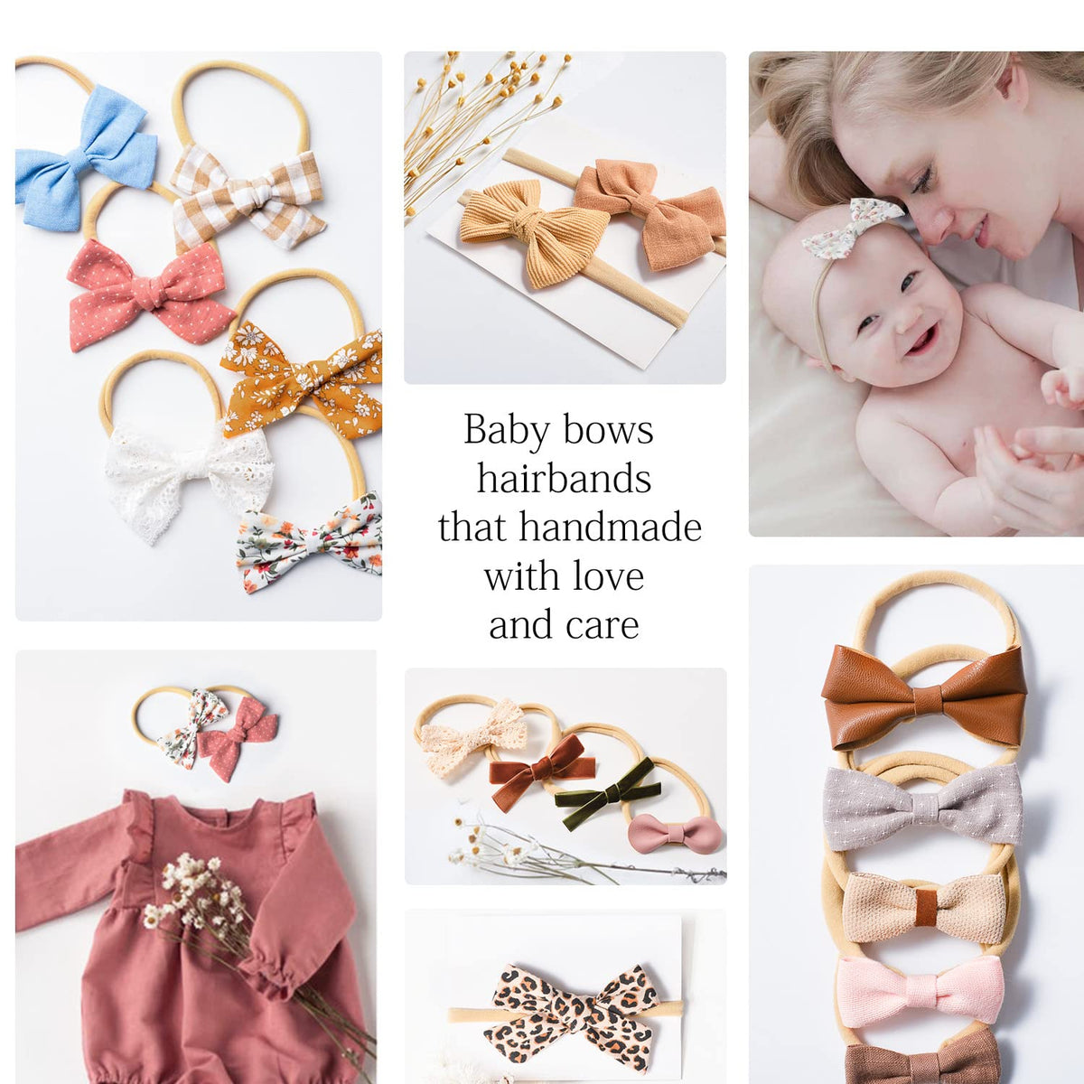Collage of handmade baby bow hairbands on nylon elastics in various fabrics and colors including floral, gingham, velvet, and leather-look. Text reads 'Baby bows hairbands that handmade with love and care.' Lifestyle shots show bows on infant.