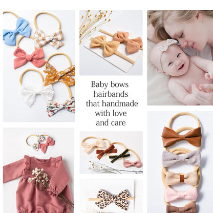 Collage of handmade baby bow hairbands on nylon elastics in various fabrics and colors including floral, gingham, velvet, and leather-look. Text reads 'Baby bows hairbands that handmade with love and care.' Lifestyle shots show bows on infant.