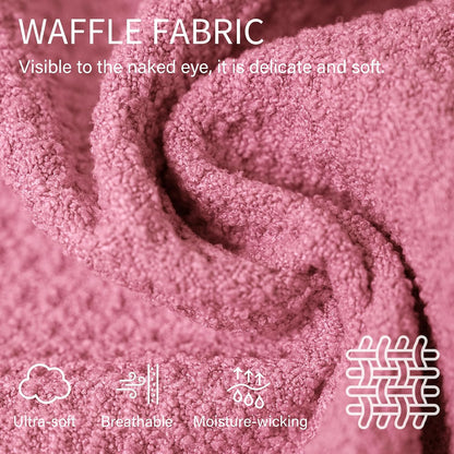 Close-up of dusty rose waffle-textured fabric with white overlay text reading 'Waffle Fabric - Visible to the naked eye, it is delicate and soft.' Icons below highlight Ultra-soft, Breathable, and Moisture-wicking properties.