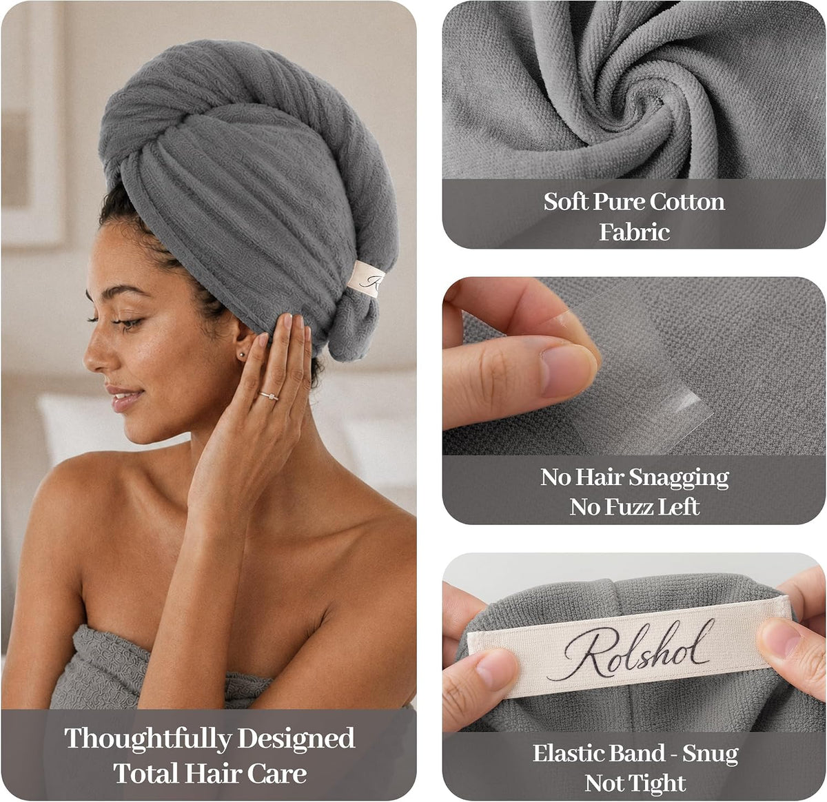 Gray cotton hair towel wrap shown on a woman's head in a lifestyle shot, alongside three detail close-ups highlighting the soft woven fabric texture, smooth surface, and a cream elastic band labeled 'Rolshol'. Text reads 'Thoughtfully Designed Total Hair Care.'