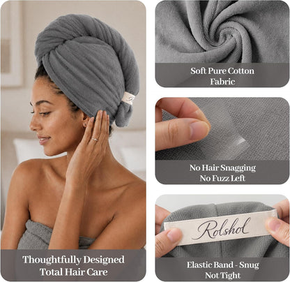 Gray cotton hair towel wrap shown on a woman's head in a lifestyle shot, alongside three detail close-ups highlighting the soft woven fabric texture, smooth surface, and a cream elastic band labeled 'Rolshol'. Text reads 'Thoughtfully Designed Total Hair Care.'