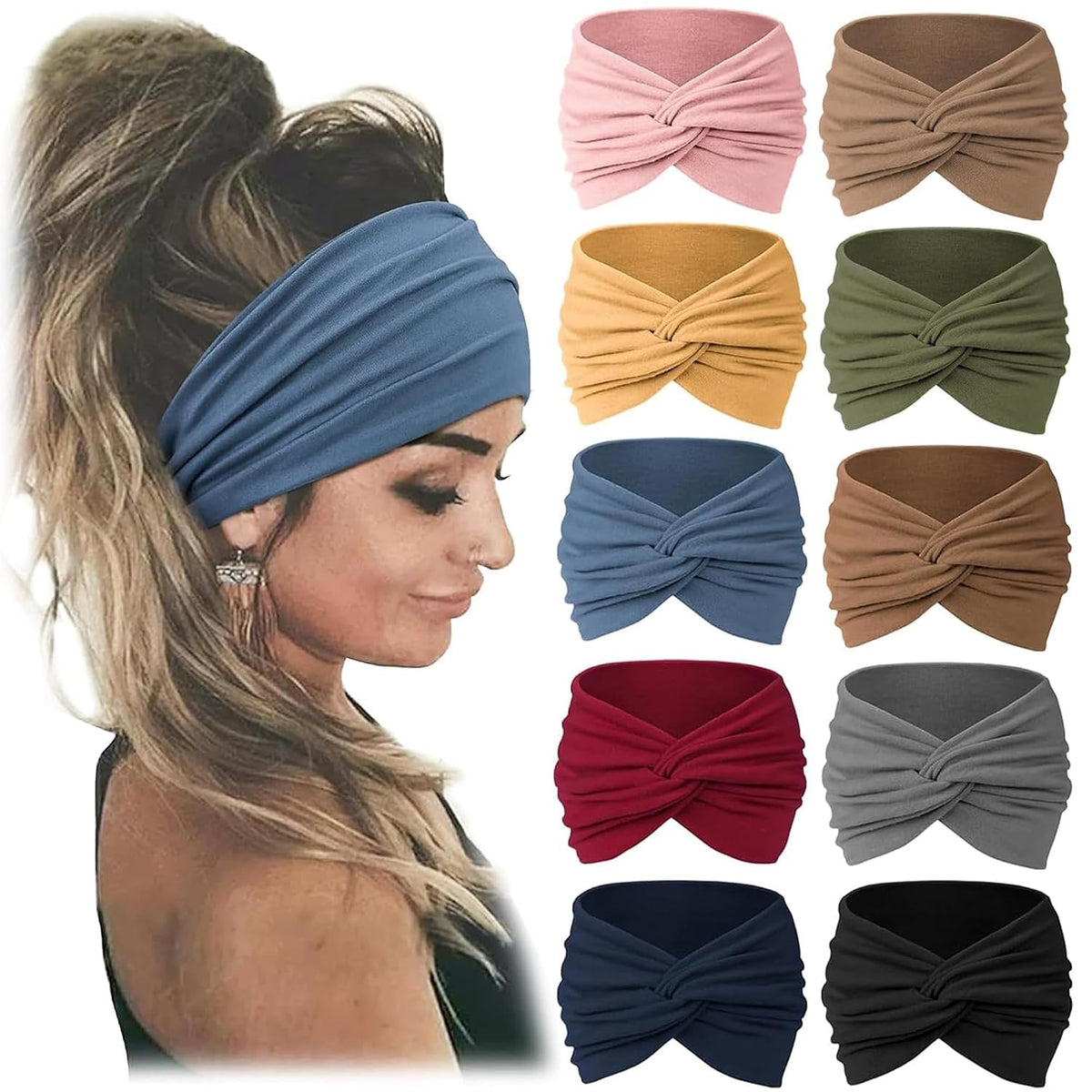 Jesries 10 PCS Extra Wide Turban Headbands for Women, Non-Slip Head Bands | Soft Stretch Fabric, African Turban Style, Boho Head Wrap, Hair band for Yoga, Workout, Daily Wear &amp; Travel (Pink)