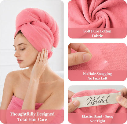 Pink cotton hair towel wrap shown in 4 panels: woman wearing it as a turban, close-up of soft fabric texture, fingers pinching the smooth material, and a hand holding the elastic band with 'Rolshol' label. Text highlights soft cotton, no snagging, and snug elastic band.