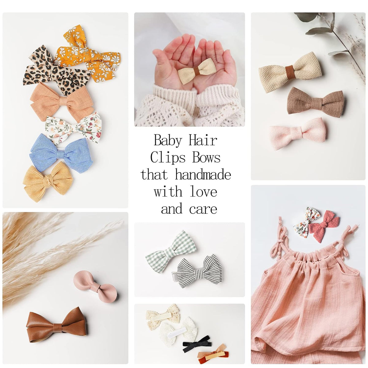 Collage of handmade baby hair clip bows in various fabrics and colors including leopard print, floral, blue, mustard, pink, gingham, leather-look brown, and neutral tones. Text reads 'Baby Hair Clips Bows that handmade with love and care.'
