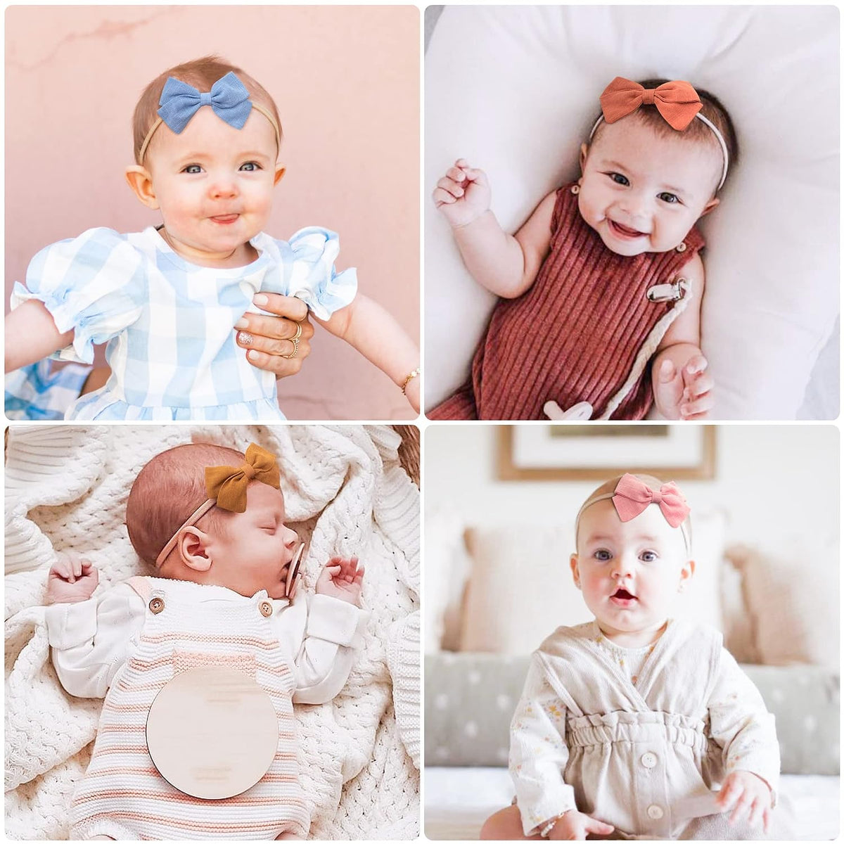 Four-panel collage of babies wearing fabric bow headbands: a toddler in blue gingham with a blue bow, a baby in rust romper with an orange bow, a newborn on white knit blanket with a mustard bow, and a baby in beige outfit with a pink bow.