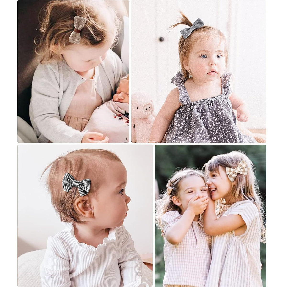 Four-panel lifestyle image showing young children wearing small fabric hair bow clips. Top left: toddler in gray cardigan with a brown bow. Top right: toddler in floral dress with gray bow ponytail. Bottom left: infant side profile with striped bow clip. Bottom right: two girls hugging, each wearing plaid bow clips.