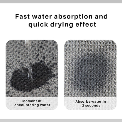 Two-panel infographic showing waffle-weave fabric water absorption. Left panel shows water being poured onto grey fabric with a dark wet spot. Right panel shows the same dry fabric. Text reads 'Fast water absorption and quick drying effect' and 'Absorbs water in 3 seconds'.