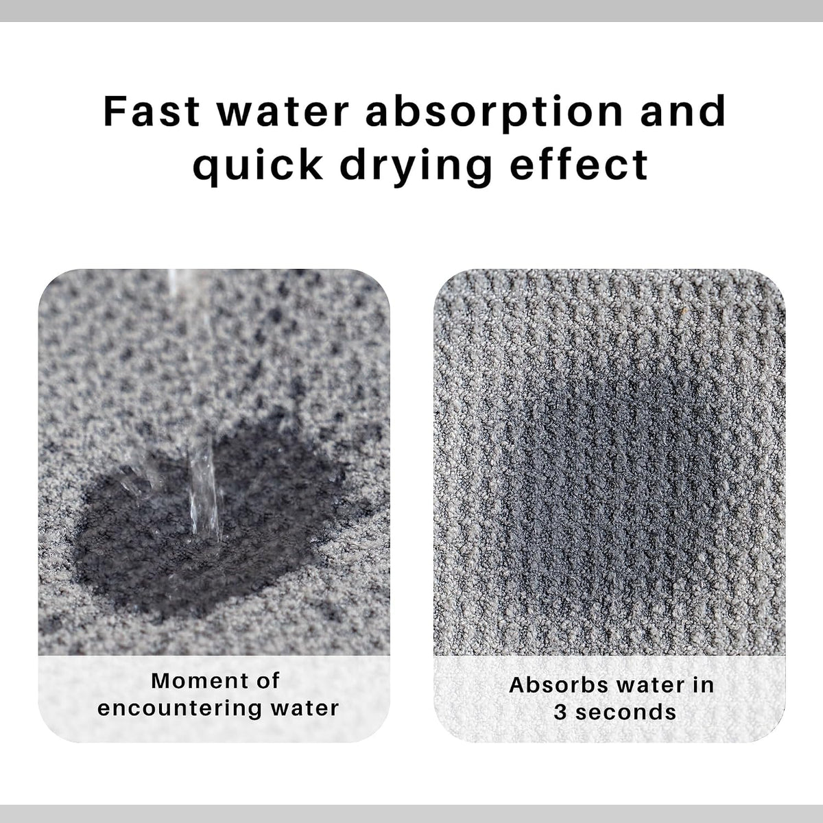 Infographic showing fast water absorption of a gray waffle-weave fabric. Left panel: water stream hitting fabric creating a dark wet spot, labeled 'Moment of encountering water.' Right panel: fabric nearly dry, labeled 'Absorbs water in 3 seconds.'