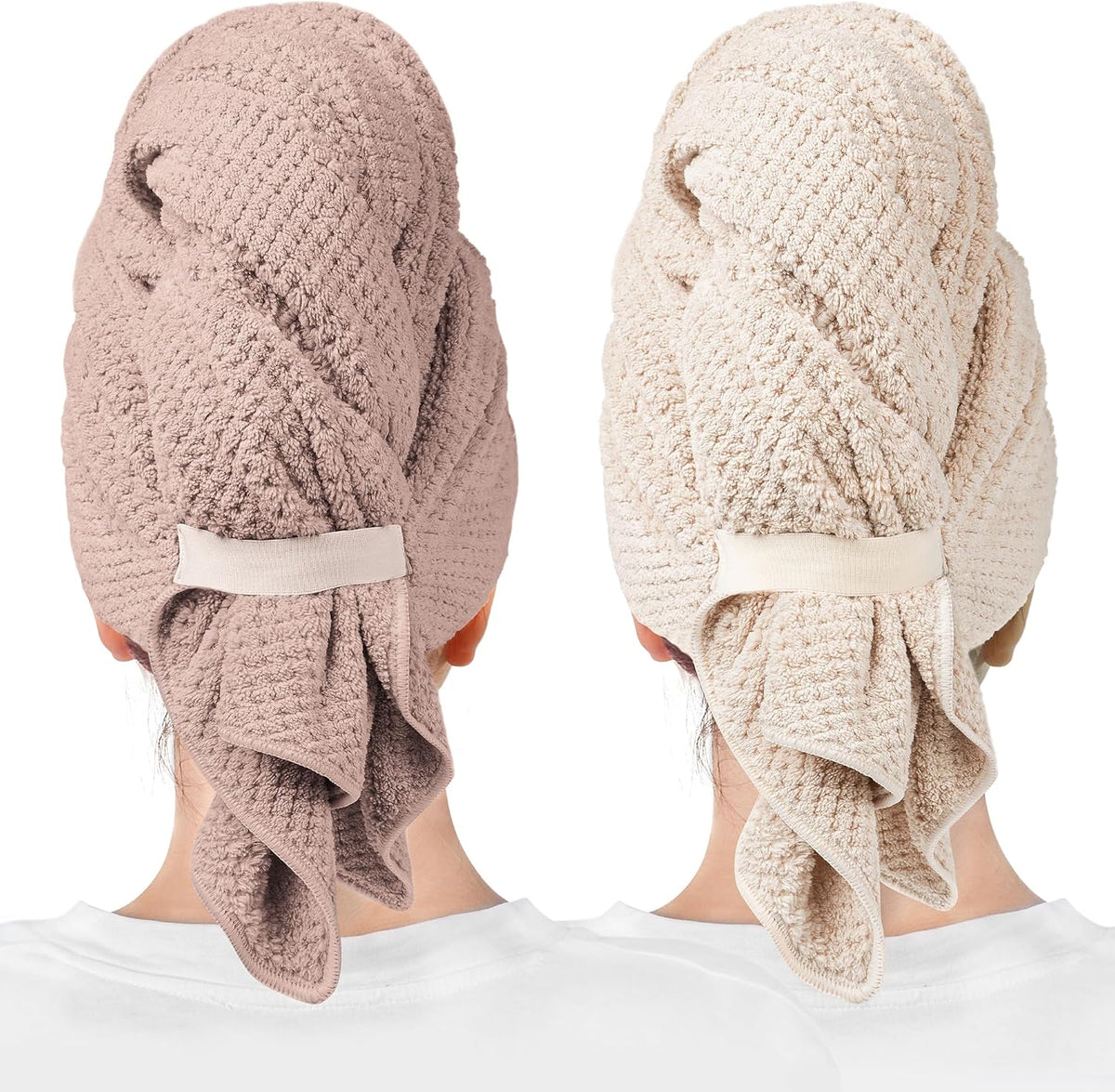 Two hair towel wraps shown from behind on a person, one in dusty mauve and one in light beige-clay. Both feature a waffle-knit texture, a fabric strap closure at the back, and a draped tail section at the nape.