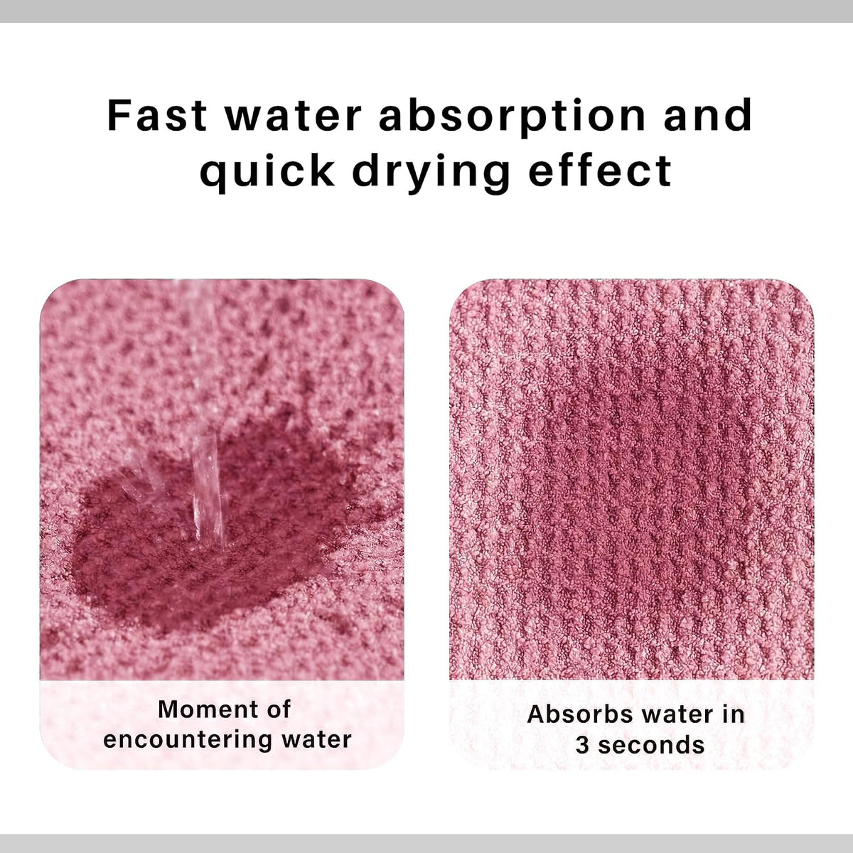 Promotional infographic showing a pink waffle-weave fabric in two panels. Left panel shows water being poured onto the fabric with caption 'Moment of encountering water.' Right panel shows the fabric dry with caption 'Absorbs water in 3 seconds.' Headline reads 'Fast water absorption and quick drying effect.'