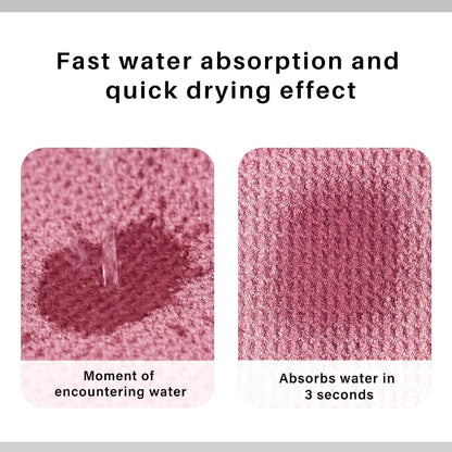 Promotional infographic showing a pink waffle-weave fabric in two panels. Left panel shows water being poured onto the fabric with caption 'Moment of encountering water.' Right panel shows the fabric dry with caption 'Absorbs water in 3 seconds.' Headline reads 'Fast water absorption and quick drying effect.'