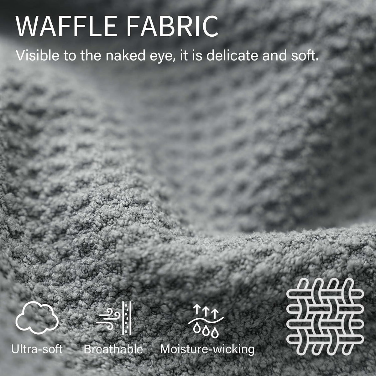 Close-up of grey waffle-textured fabric with text 'WAFFLE FABRIC - Visible to the naked eye, it is delicate and soft.' Four icons below label the fabric as Ultra-soft, Breathable, Moisture-wicking, and show a weave pattern.