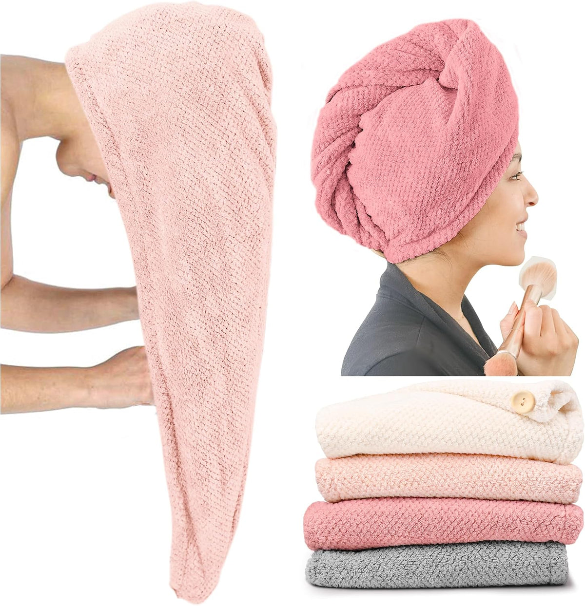 Pink microfiber hair towel wrap shown in three views: held open flat, worn as a turban on a woman applying makeup, and stacked folded in cream, pink, and gray colors with a visible button closure.