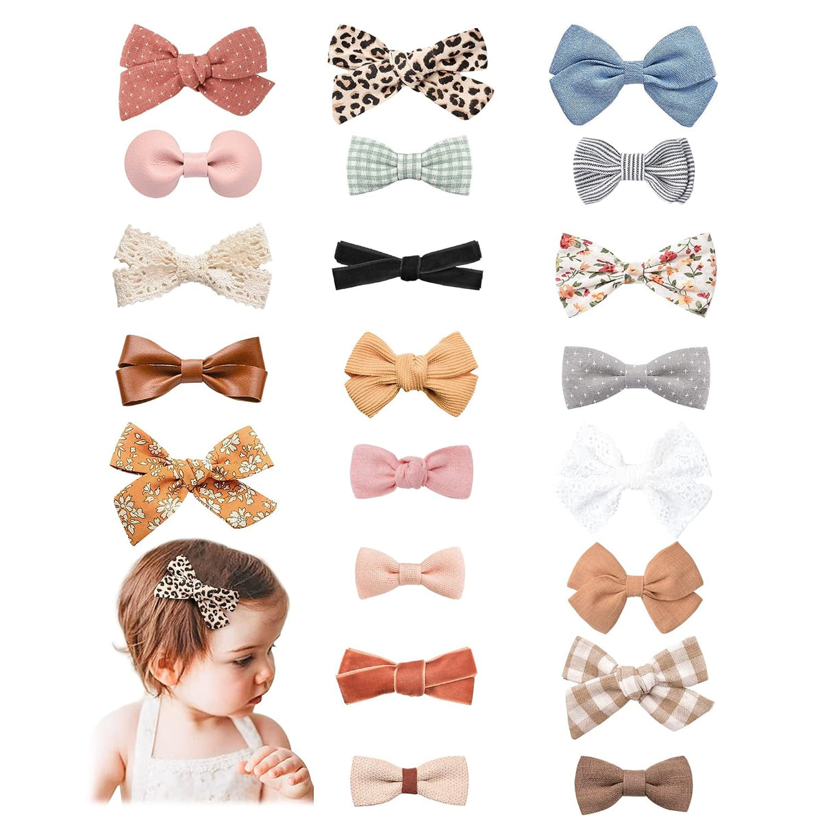 Collection of 20 fabric hair bows in various styles and patterns including leopard, floral, gingham, velvet, and solid colors. A toddler wearing a leopard-print bow is shown in the lower left corner.