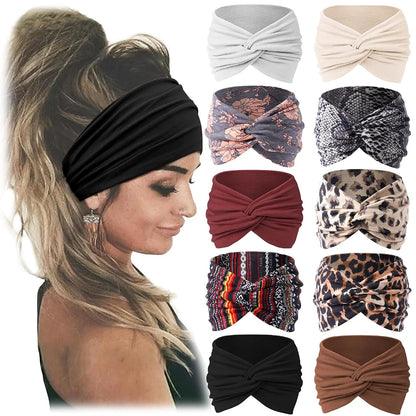 Jesries 10 PCS Extra Wide Turban Headbands for Women, Non-Slip Head Bands | Soft Stretch Fabric, African Turban Style, Boho Head Wrap, Hair band for Yoga, Workout, Daily Wear &amp; Travel (Blue)