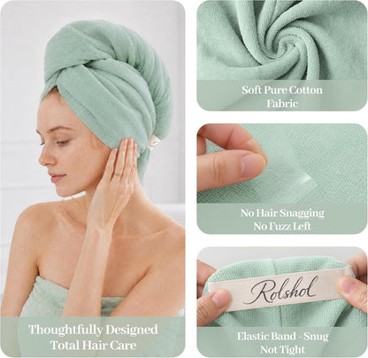Light green cotton hair towel wrap shown in 4-panel image. A woman wears it as a turban. Close-ups highlight soft woven fabric, snag-free texture, and an elastic band with 'Rolshol' label. Text: 'Thoughtfully Designed Total Hair Care'.