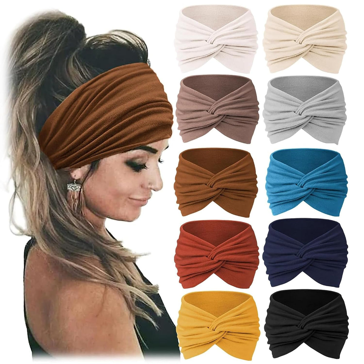 Jesries 10 PCS Extra Wide Turban Headbands for Women, Non-Slip Head Bands | Soft Stretch Fabric, African Turban Style, Boho Head Wrap, Hair band for Yoga, Workout, Daily Wear &amp; Travel (Khaki)