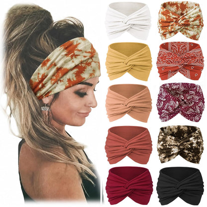 Jesries 10 PCS Extra Wide Turban Headbands for Women, Non-Slip Head Bands | Soft Stretch Fabric, African Turban Style, Boho Head Wrap, Hair band for Yoga, Workout, Daily Wear &amp; Travel (Orange Red)