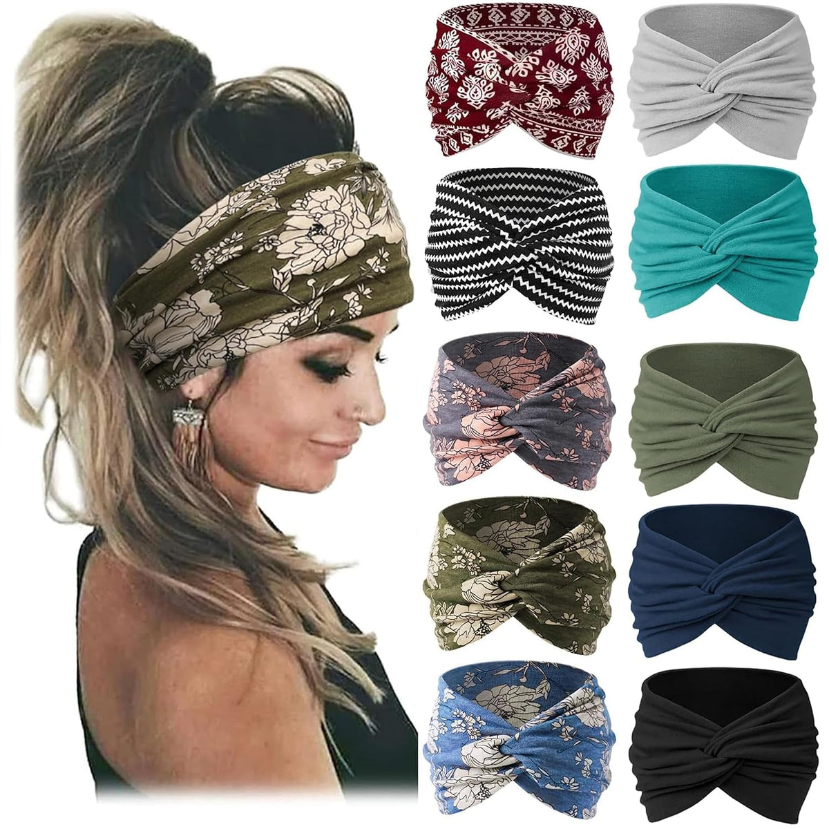 Jesries 10 PCS Extra Wide Turban Headbands for Women, Non-Slip Head Bands | Soft Stretch Fabric, African Turban Style, Boho Head Wrap, Hair band for Yoga, Workout, Daily Wear &amp; Travel (Army green)
