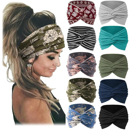 Jesries 10 PCS Extra Wide Turban Headbands for Women, Non-Slip Head Bands | Soft Stretch Fabric, African Turban Style, Boho Head Wrap, Hair band for Yoga, Workout, Daily Wear &amp; Travel (Army green)